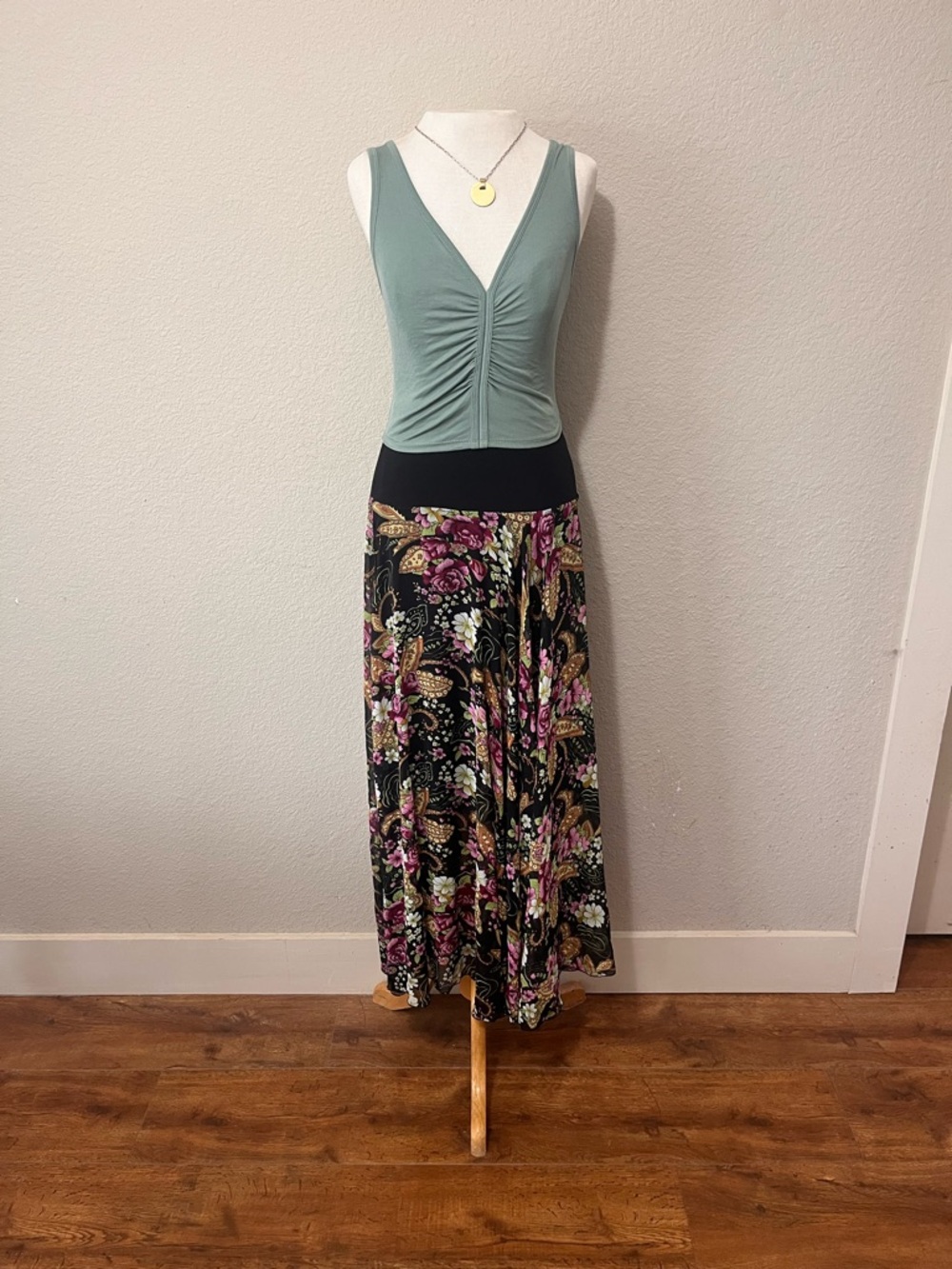 Floral Black Maxi Skirt with Pink and Cream Accents